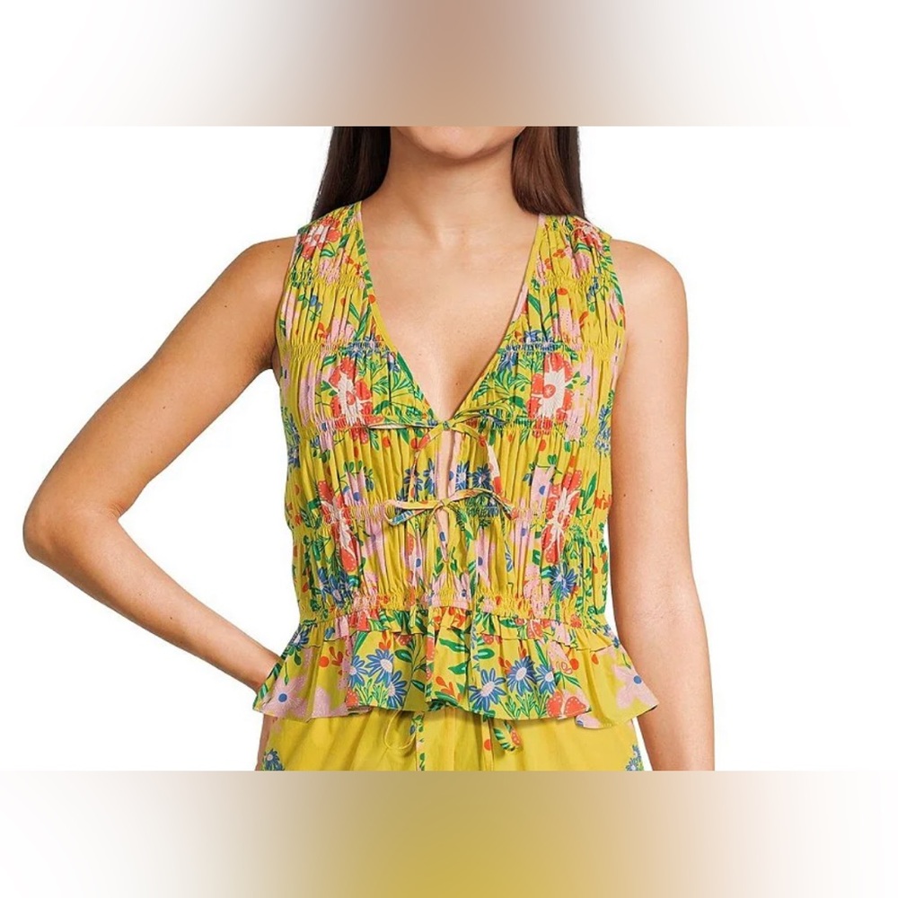 Chelsea & Violet Yellow Floral Ruffle Peplum V-Neck Top
